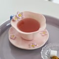 Miniatyrbild 7 av 7: Blommiga tekoppar med fat, söt kaffemugg i keramik för kvinnor, tebjudning, Cappuccino Latte Mjölk Pink