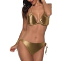 Miniatyrbillede 4 af 5: WJSMWomen Triangle Bikini Sæt Halter Todelt Sexy Badetøj Snøre Side Badetøj Metallic Gold XL