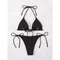 Miniatyrbillede 2 af 5: WJSM Dame Halterneck Binde Side Trekant Bikini Sæt Høj Skæring 2-delt Bikini Badetøj Black a XL