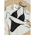 Pikkukuva 5 / 7: WJSM Naisten Halter-solmiosivut Kolmiobikinit Sarja korkea Leikkaus 2-osainen Bikini Uimapuku Uimapuku Ribbed Black L