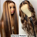 Miniatyrbillede 8 af 8: Ombre Højlys Lace Front Paryk Menneskehår 180% Tæthed Honningblond Lace Front Paryk Glat 13x4 Transparent Lace Limfri Paryk 4/27 Farvet Paryk Pre P Frontal Ombre Highlight Wig 20 Inch