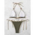 Miniatyrbillede 2 af 6: WJSM Dame Halterneck Binde Side Trekant Bikini Sæt Høj Skæring 2-delt Bikini Badetøj Ring Army Green S