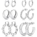 Miniatyrbild 1 av 6: 5 st Sliver Hoop Örhängen Set för Kvinnor Sliverpläterade Chunky Hoops Twisted Huggie Hoop Örhängen för Present Lättviktiga