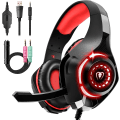 Miniatyrbillede 1 af 6: Gaming Headset til PS4 PS5 Xbox One Switch PC med støjreducerende mikrofon, dyb bas stereolyd (sort rød)-1 Black Red