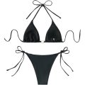 Miniatyrbillede 3 af 7: WJSM Dame Halterneck Binde Side Trekant Bikini Sæt Høj Skæring 2-delt Bikini Badetøj Rhinestone Black M