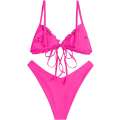 Pikkukuva 3 / 6: WJSM Naisten kolmiobikini, kukkavolainen röyhelö, rusettisolmittava bikinit, kaksiosainen uimapuku B-rose Red S