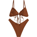 Pikkukuva 3 / 6: WJSM Naisten kolmiobikini, kukkavolainen röyhelö, rusettisolmittava bikinit, kaksiosainen uimapuku B-brown XL
