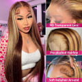 Miniatyrbillede 6 af 8: Ombre Højlys Lace Front Paryk Menneskehår 180% Tæthed Honningblond Lace Front Paryk Glat 13x4 Transparent Lace Limfri Paryk 4/27 Farvet Paryk Pre P Frontal Ombre Highlight Wig 20 Inch