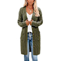 Miniatyrbild 1 av 5: Lång cardigan, kabelstickad tröja för dam Långärmad tröja med öppen knapp framtill Ytterkläder med fickor för höst och vinter Army Green M