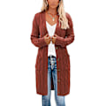 Miniatyrbild 1 av 5: Lång cardigan, kabelstickad tröja för dam Långärmad tröja med öppen knapp framtill Ytterkläder med fickor för höst och vinter Wine Red M
