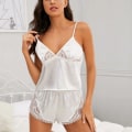Miniatyrbild 4 av 4: Satin Silk Pyjamas Dam Underkläder Underkläder Sovkläder Broderi Bandage fluga White L