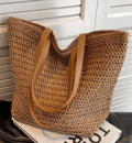 Mångsidig vävd väska damer trendig stor kapacitet pendlingsväska stråväska tote bag brown