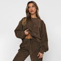Miniatyrbild 9 av 9: Höst och vinter ny korduroy enfärgad rund hals pullover långärmad tvådelad fashionabla långbyxor set för kvinnor black XL