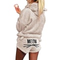 Miniatyrbild 5 av 5: Famkit Kvinnor Flickor Fleece Pyjamas Mysigt nattkläder Meow Broderad Luvtröja Pullover Shorts Pj Tvådelat Set Pyjamas Party Pink XL