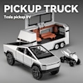 Miniatyrbild 1 av 4: 1/32 Tesla Cybertruck med Touring Car RV Caravan Diecast Leksaksmodell i Metall Miniatyrmodell Drag tillbaka Ljud Ljus Samling Present Pojke Silver