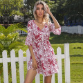 Miniatyrbillede 5 af 6: Dame Print V-hals Kort Udsvinget Ærme Elastisk Taljekjole Casual Elegante Sommerkjoler Outfits navyblue L