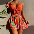 Miniatyrbild 3 av 11: Dam 3-delad volang baddräkt Push Up Bikini Baddräkt med hög midja V-ringad front snörning Spaghetti remmar Baddräkt Rose red XL