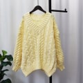 Miniatyrbild 1 av 5: Damstickad Höst Vinter Tröja Förtjockad V-ringad Twist Pullover Lös Mjuk Topp Yellow Average size
