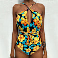 Miniatyrbillede 8 af 11: Kvinder V-hals Udskåret Bikini Multi-Way Bandage Monokini Boho Blomster Badedragt 3 L