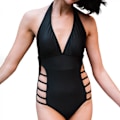Miniatyrbillede 1 af 5: Dame plunge V-hals One Piece Badedragter Halter Åben ryg Badedragter High Leg Cutout Badetøj, sort, xxl (FMY)