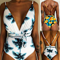 Miniatyrbillede 6 af 11: Kvinder V-hals Udskåret Bikini Multi-Way Bandage Monokini Boho Blomster Badedragt 1 L