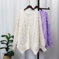 Miniatyrbild 3 av 5: Damstickad Höst Vinter Tröja Förtjockad V-ringad Twist Pullover Lös Mjuk Topp Khaki Average size