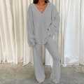 Miniatyrbillede 1 af 4: Todelt sæt med brede ben til damer Polar Fleece V-hals Loungesæt Light Grey 2XL