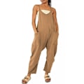 Miniatyrbilde 1 av 2: Plus size ensfarget, ermeløs lange smekke-bukser Jumpsuits med lommer Brown S
