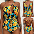 Miniatyrbillede 4 af 11: Kvinder V-hals Udskåret Bikini Multi-Way Bandage Monokini Boho Blomster Badedragt 1 L