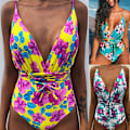 Miniatyrbillede 3 af 11: Kvinder V-hals Udskåret Bikini Multi-Way Bandage Monokini Boho Blomster Badedragt 3 L