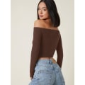 Miniatyrbillede 2 af 4: Basic langærmet, off Shoulder-monteret Crop Tee Top til kvinder