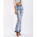 Miniatyrbillede 4 af 5: Kvinders smarte blomsterbroderede højtaljede flare bukser flare jeans brede ben lange denimbukser