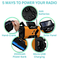 Miniatyrbild 2 av 4: Nödladdare med solceller och vev, väderradio, 2000 mAh, powerbank, ficklampa