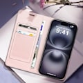 Miniatyrbild 4 av 6: Foliofodral för iPhone 16 Plus Diamantkorthållare Videostöd Rosa Rosa