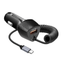 Miniatyrbillede 1 af 5: Lader til bil - Forcell - 38W - QC 3.0 - Indbygget USB-C kabel - Sort kulfiber Kolsvart