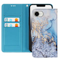 Miniatyrbillede 1 af 5: Etui til iPhone 16e Marmor Ocean Mønster med Håndledsrem og Blå Kortholder Blå