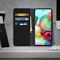 Miniatyrbild 3 av 4: Fodral för Samsung Galaxy A51 - Äkta Läder - Svart - Kortfack - Videostöd - Mjuk Svart