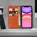 Miniatyrbillede 3 af 4: Étui Folio - AVIZAR - iPhone 11 - Ægte Læder - Kortholder - Video Stå - Brun Kamel