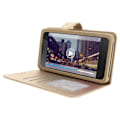 Miniatyrbild 2 av 4: Universellt Smartphone Etui - AVIZAR - Guld Plånbokställ - Ekologisk Läder - Skrivbordsstöd - Inbyggd Spegel gyllene
