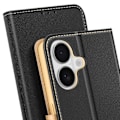 Miniatyrbild 4 av 6: iPhone 16 Fodral Plånbok Saffiano Läder Fancy Svart / Guld Svart