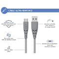 Miniatyrbillede 2 af 4: Ultra-forstærket USB A/USB C-kabel 2m 3A Livstidsgaranti Grå - 100 % genbrugsplast Force Power