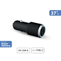 Miniatyrbillede 3 af 3: Biloplader - Force Power Lite - Dobbeltoplader 37W - USB C 25W - USB A 12W - Hurtigopladning Svart