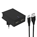 Miniatyrbild 1 av 4: Laddare med dubbla USB-portar - Swissten - Slim Series - 3A - USB-C-kabel 1.2m - Smart IC Svart