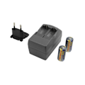 Miniatyrbillede 2 af 2: Oplader til CR123-batteri med 2 medfølgende genopladelige batterier, kompatibel med Canon / Kodak / Nikon sort Svart