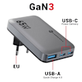 Pikkukuva 3 / 5: Forcell Harmaa 65W GaN III Seinälaite 2 USB-C + USB Nopea Lataus Ultra-ohut