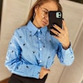 Pikkukuva 3 / 5: Lintuprintti Naisten Löysä Puuvillapitkähihainen Paita - Valkoinen (4XL)
