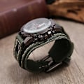 Miniatyrbilde 4 av 4: Unisex Punk Retro Bronse Rund Skive Grønn Bredt Lærbelte Stropp Mansjett Armbånd Romertall Analog Kvarts Armbåndsur