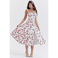 Miniatyrbillede 2 af 5: Floral Print Ærmeløs Ruched Buste Split Lår Boho Midi Kjole (Gratis Forsendelse) L Bai Dahong