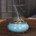 Miniatyrbillede 3 af 5: Blå keramisk røgelse brænder med messing Calabash røgelse holder