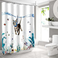 Miniatyrbillede 2 af 5: Sødt Kat Dykning Bruseforhæng 180x180cm Ocean Dyreprint Badeforhæng Vandtæt Vaskbart Polyester Badeværelsestilbehør med 12 Kroge, Blå